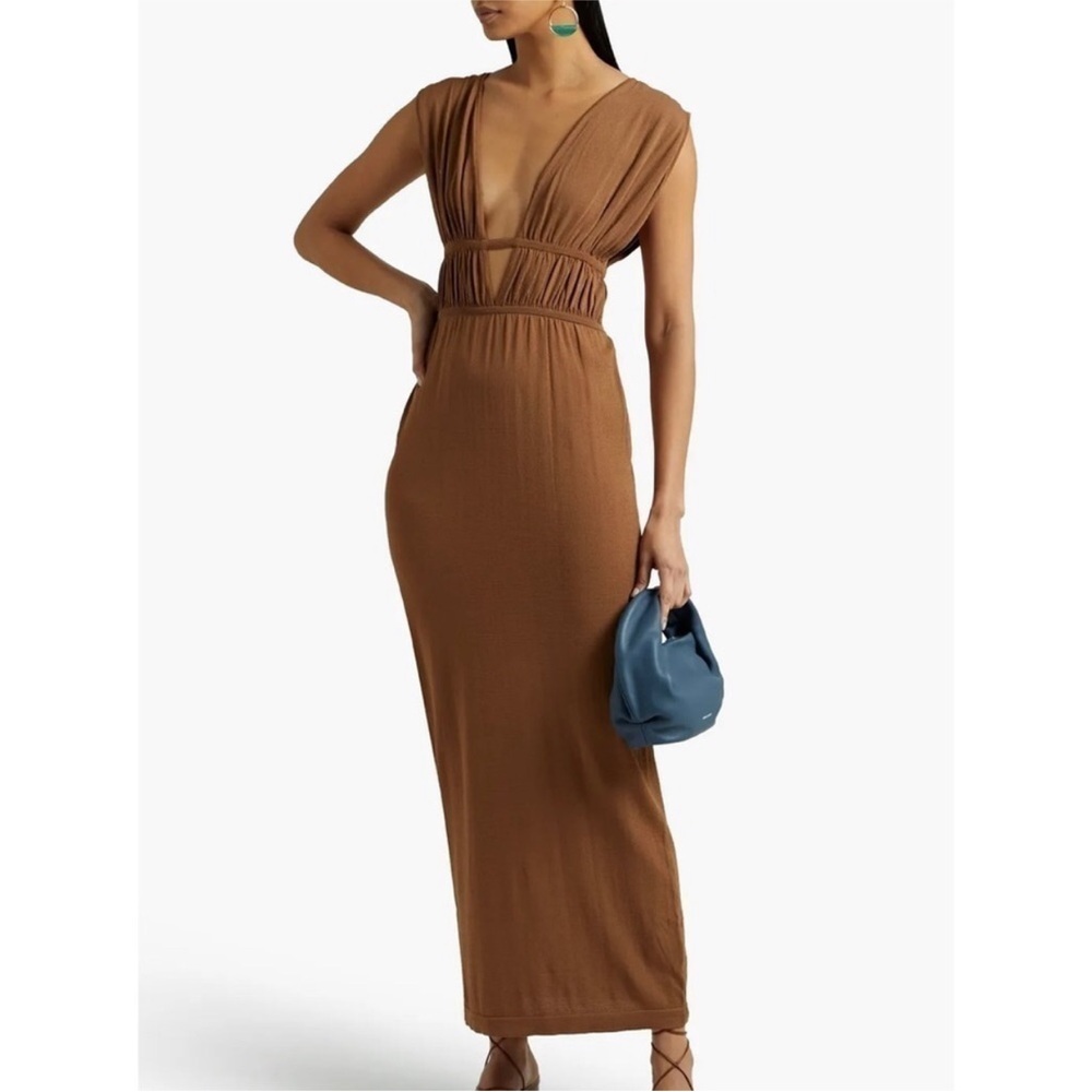 Ronny Kobo Brown Deep V Maxi Dress - Women's Elegant Sleeveless Dress X-Large